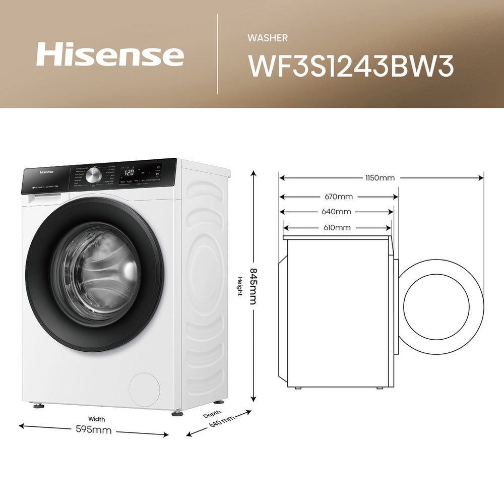 Hisense WF3S1243BW3 12kg 1400 Spin, Steam Washing Machine - White