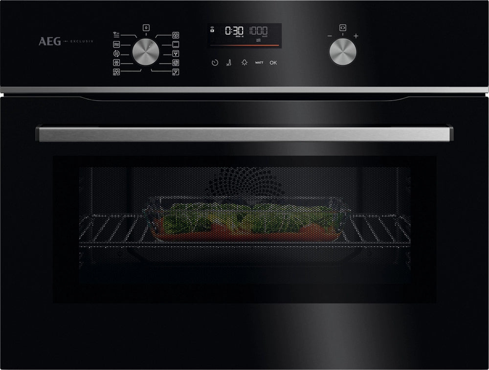 AEG GK6NK40FB 59.5cm Compact Combi Microwave Oven - Gloss Black with Steel Trim