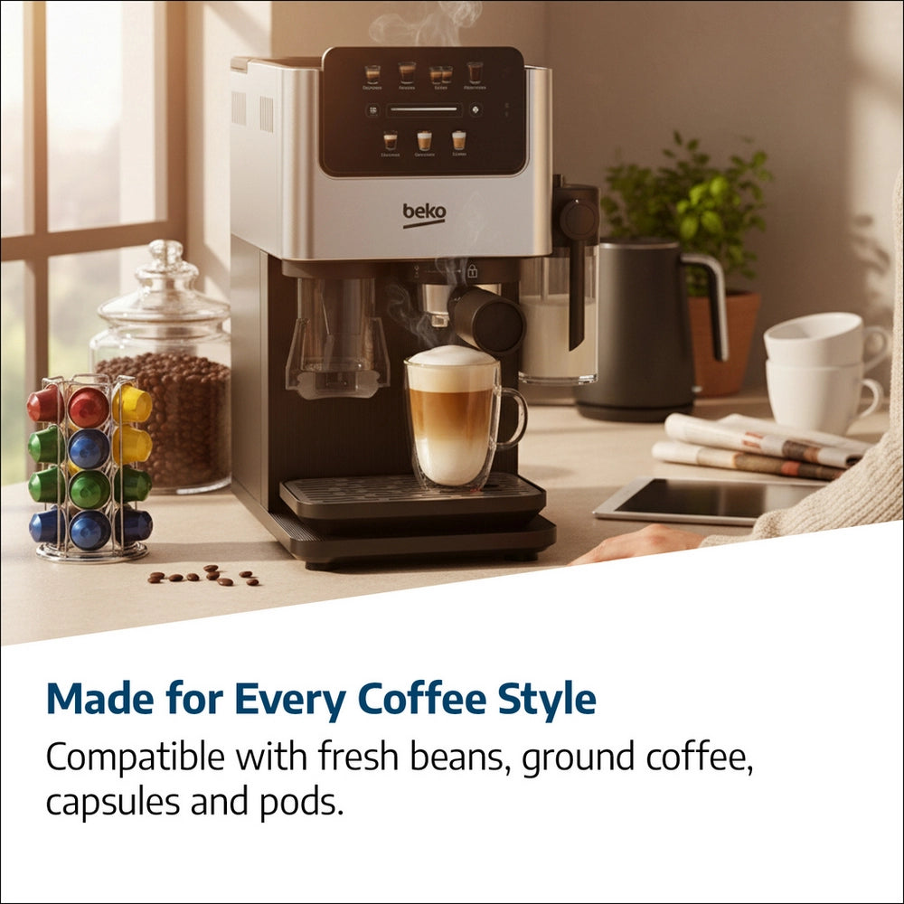 Beko CED7524X Espresso Machine with Integrated Grinder and Milk Cup - Silver