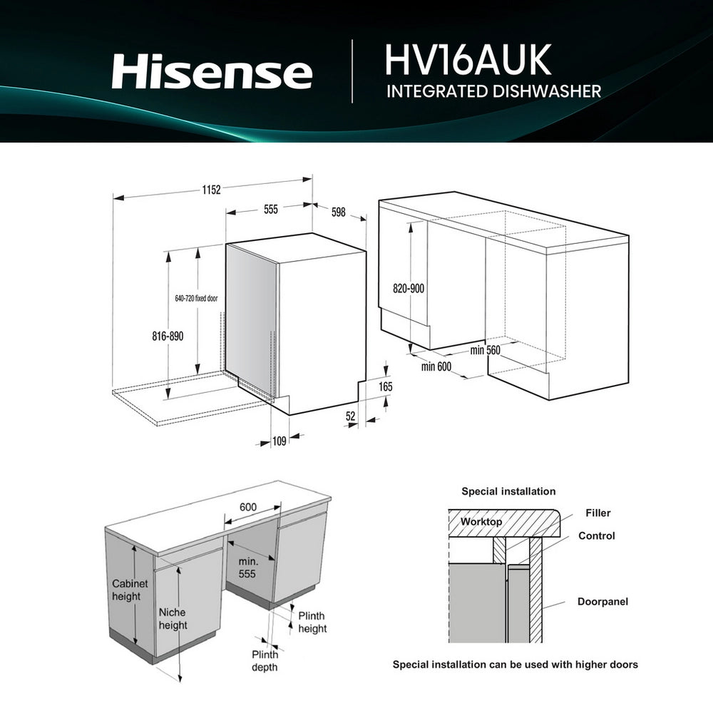 Hisense HV16AUK Integrated Dishwasher - 16 Place Settings