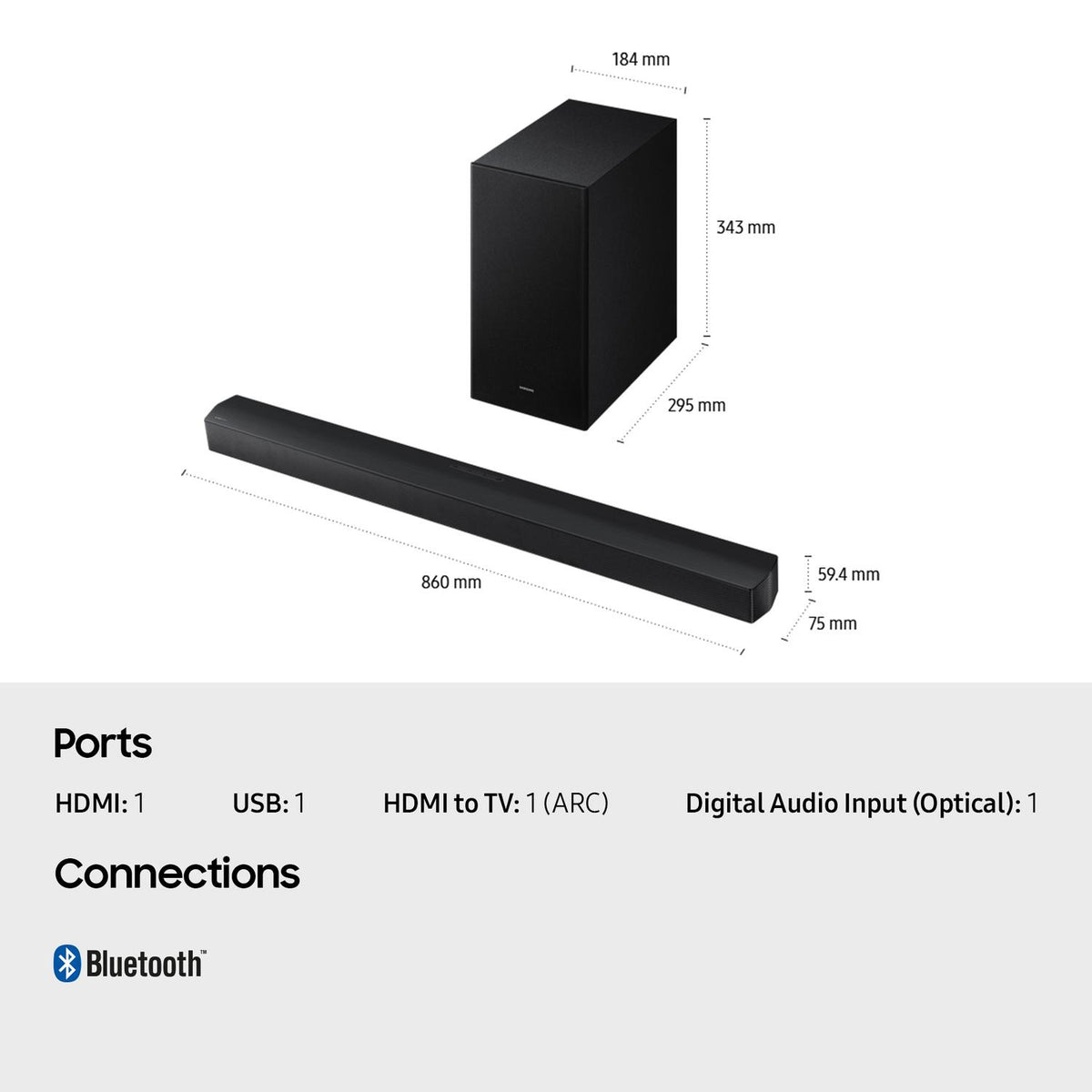 Samsung HW-B650F/XU 3.1ch 370W Soundbar with Wireless Subwoofer Bass Boost and Game Mode - Black