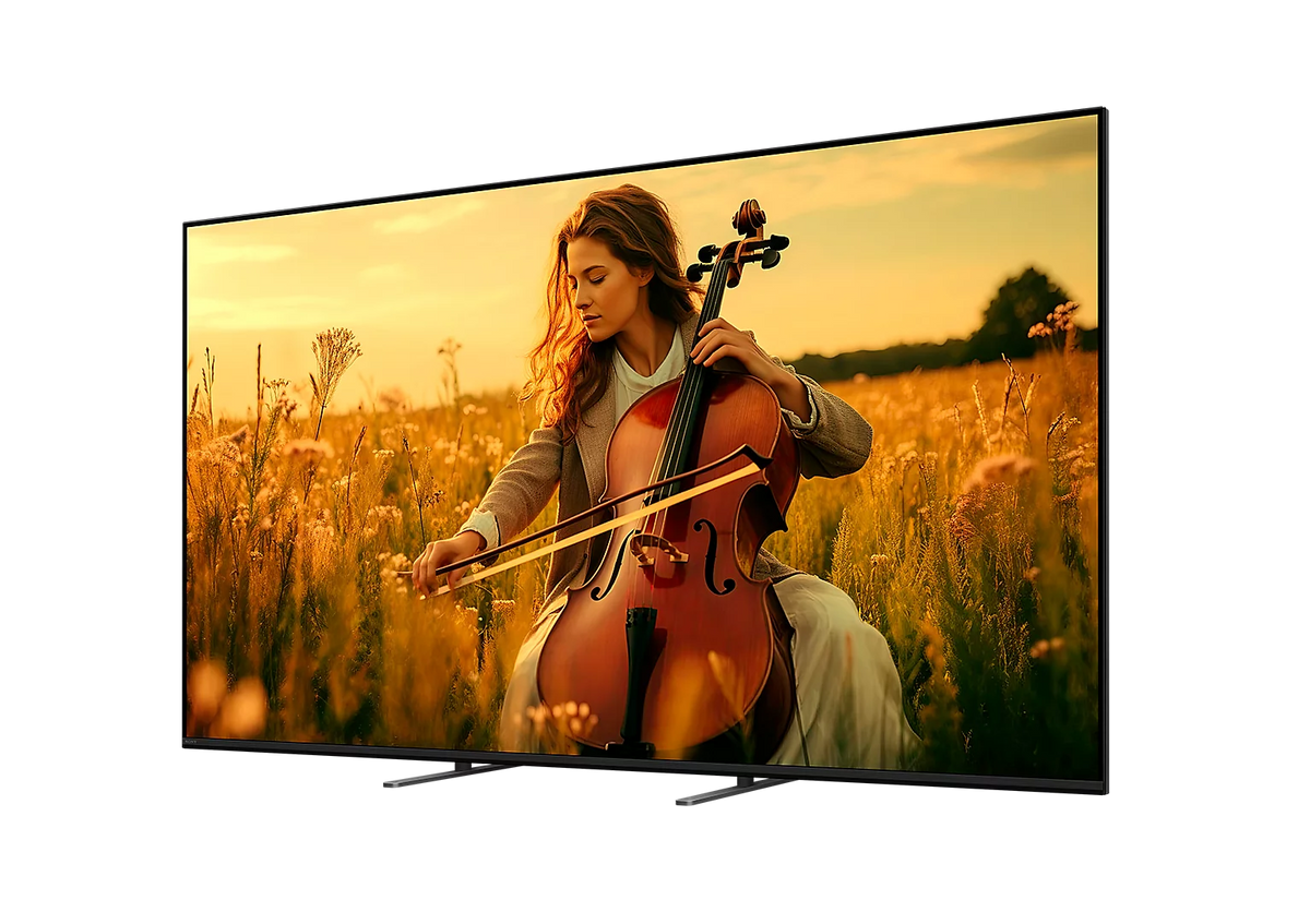 Sony Bravia 5 TV angled out to the right showing an image of a women play a double bass