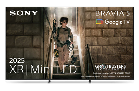 Sony Bravia TV advertisement featuring a character from 'Ghostbusters: Frozen Empire' with text about 2025 XR Mini LED technology.