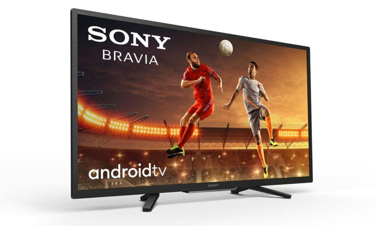 Sony Bravia KD32W800P1 at a side view showing football and brand logos