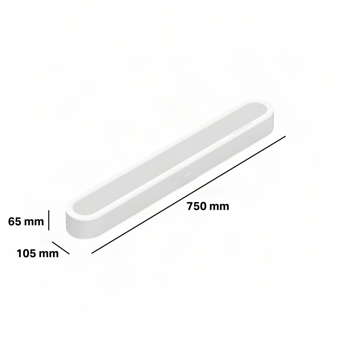 Sonos Beam ultra white with dimensions in millimetres